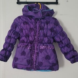 Pink Platinum Girls Sz 2T Puffer Hooded Winter Jacket Purple W/Hearts print EUC